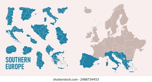 Southern Europe map featuring Italy, Portugal, Spain, Croatia, Greece, and Malta with regions. Europe map isolated on a white background. Highly detailed.