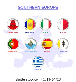 Southern european countries flags set in glossy round button. Vector flag stickers collection. Round elements. Gibraltar, Andorra, Italy, Malta, Portugal, San Marino, Spain, Vatikan, Greece