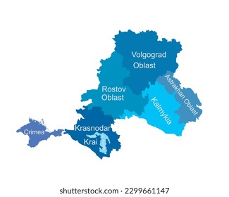 Southern Federal District map Russia, vector silhouette illustration isolated on white. Republic of Adygea, Astrakhan oblast, Volgograd oblast, Kalmykia, Krasnodar krai, Crimea, Rostov, Sevastopol.