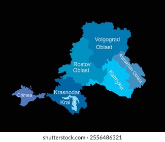 Southern Federal District map Russia vector silhouette illustration isolated on black. Republic of Adygea, Astrakhan oblast, Volgograd oblast, Kalmykia, Krasnodar krai, Crimea, Rostov, Sevastopol.