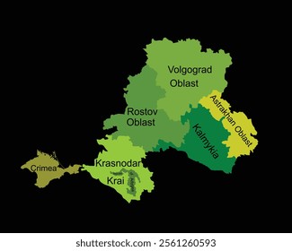 Southern Federal District map Russia vector silhouette illustration isolated on black. Republic of Adygea, Astrakhan oblast, Volgograd oblast, Kalmykia, Krasnodar krai, Crimea, Rostov, Sevastopol.