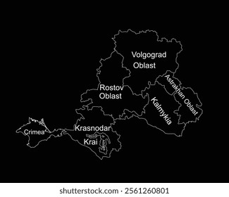 Southern Federal District map Russia, vector silhouette illustration isolated on black. Republic of Adygea, Astrakhan oblast, Volgograd oblast, Kalmykia, Krasnodar krai, Crimea, Rostov, Sevastopol.