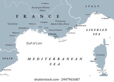 Southern France coastline, gray political map. Southernmost part of France, bordering the Mediterranean Sea. Map with part of Occitania, Provence, French Riviera, Corsica, and most important cities.