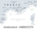 Southern France coasts, political map. Southernmost part of France, bordering the Mediterranean Sea. Map with Provence and French Riviera, Corsica and part of Liguria and Italian Riviera, and Corsica.