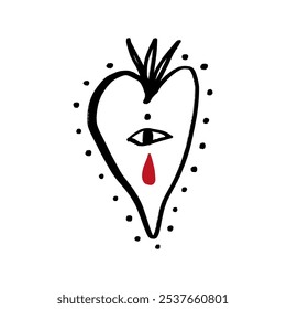 Southern gothic aesthetic hand-drawn fashion black isolated heart. Brush, ink decor element. Valentine's day card, pattern element and love symbol. Vector, clip-art.