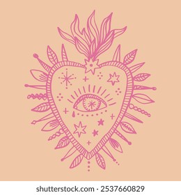 Southern gothic aesthetic hand-drawn religious isolated heart. Brush, ink decor element. Valentine's day card, pattern element and love symbol. Vector, clip-art.