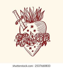 Southern gothic aesthetic hand-drawn religious isolated heart. Brush, ink decor element. Valentine's day card, pattern element and love symbol. Vector, clip-art.