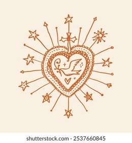 Southern gothic aesthetic hand-drawn religious isolated heart. Brush, ink decor element. Valentine's day card, pattern element and love symbol. Vector, clip-art.