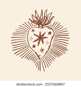Southern gothic aesthetic hand-drawn religious isolated heart. Brush, ink decor element. Valentine's day card, pattern element and love symbol. Vector, clip-art.