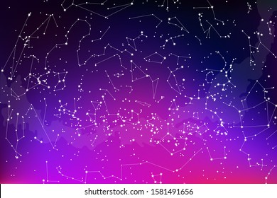 southern hemisphere constellations, star map. Science astronomy, star chart on blue background. Beautiful abstract background of romance and science, gradient background, pink sunset and dark space