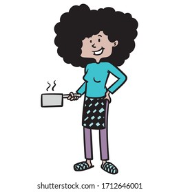 a southern housewife with black curly hair is holding a saucepan in her hand and is wearing an apron. comic, whole body, illustration.