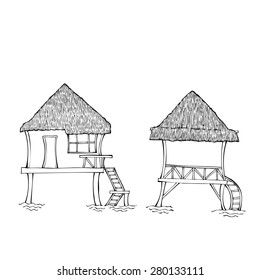 Southern huts.Sketches black and white. Vector Illustration