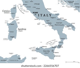 El sur de Italia, Meridione o Mezzogiorno, mapa político gris. Macrorregión de Italia compuesta por sus regiones meridionales de Abruzzo, Apulia, Basilicata, Calabria, Campania, Molise, Cerdeña y Sicilia.