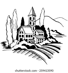 Southern landscape - houses and mountains and cypresses. Monochrome drawing.