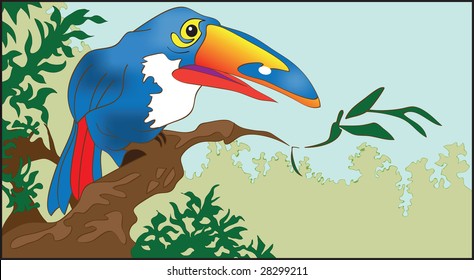 The southern multi-coloured bird tukan sitting on a branch of a tree