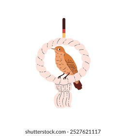 Southern Nightingale. Bird swing. Small migratory bird of brown color sits on a perch for pets. Decorative element for a cage. Cute character. Vector illustration isolated on a white background.