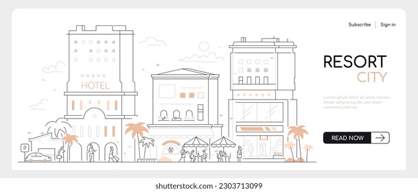 Southern resort city - thin line design style vector banner on white urban background. Composition with street with hotels, cafes and shops. People sit at restaurant tables, palm trees adorn the view