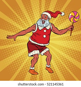 Southern Santa Claus dancing with lollipop