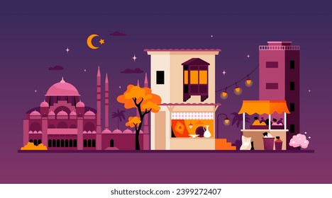 Southern summer city - modern colored vector illustration with dark streets of Turkey. Mosque with minarets, tea house, bazaar and spice market for tourists. Attractions at night time idea