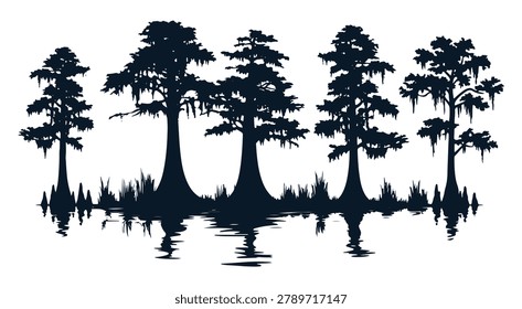 Southern Swamp Cypress Trees Line with Water Reflection Silhouette Vector