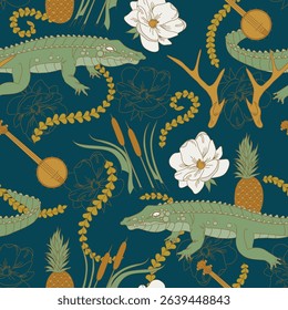 Southern swamp-inspired pattern with alligators, magnolias, pineapples, banjos, and antlers. 