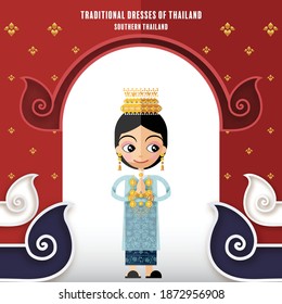 Southern Thailand - Cute cartoon characters girl in traditional dresses of thailand or thai traditional dance costume with paper cut art and craft style on paper background.