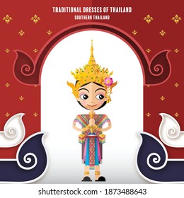 Southern Thailand - Cute cartoon characters girl in traditional dresses of thailand or thai traditional dance costume with paper cut art and craft style on paper background.