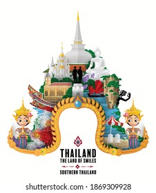 Southern Thailand  - The most beautiful places to visit in thailand with paper cut art and craft style on paper background.