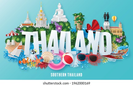 Southern Thailand - The most beautiful places to visit in thailand with paper cut art and craft style on paper background.