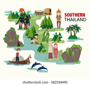 Southern Thailand travel with their culture and identity, all in the flat style, illustration, vector