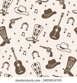 Southern vector seamless pattern. Silhouettes on a light background. Farmhouse design with guitar, cowboy boots, horseshoe. Farm Life illustration.