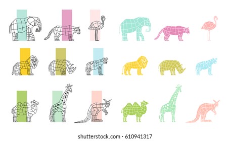 Southern wild animals polygonal linear computer graphic image color choosing process flat icons set vector illustration 