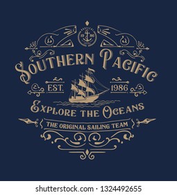 Southhern pazific.Marin Vintage auf Shirt Grafik Design.