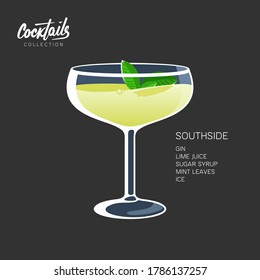 Southside Mint Cocktail with Gin and Lime on black background. Alcoholic drink glass with mint leaves vector illustration