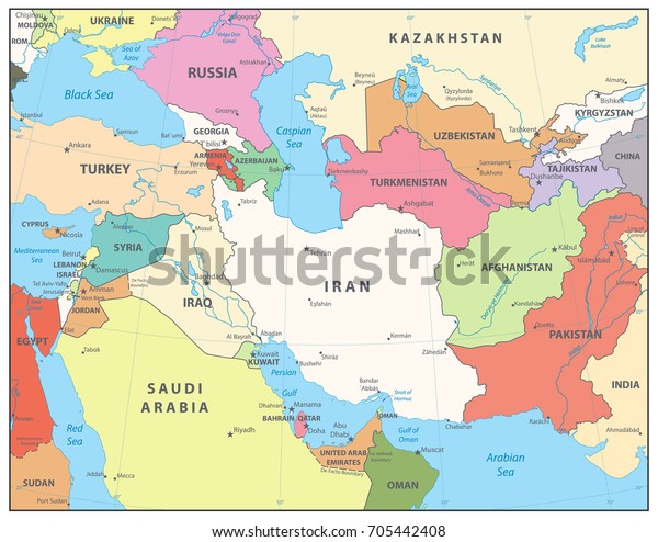 Southwest Asia Map Detailed Vector Map 스톡 벡터(로열티 프리) 705442408