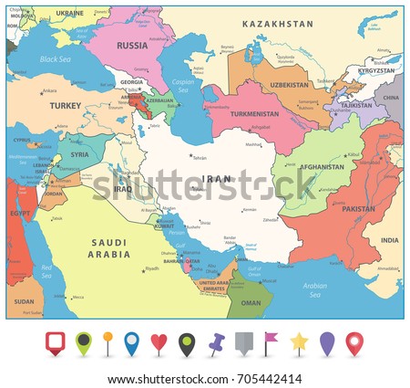 Southwest Asia Map Flat Map Markers Stock Vector (Royalty Free ...