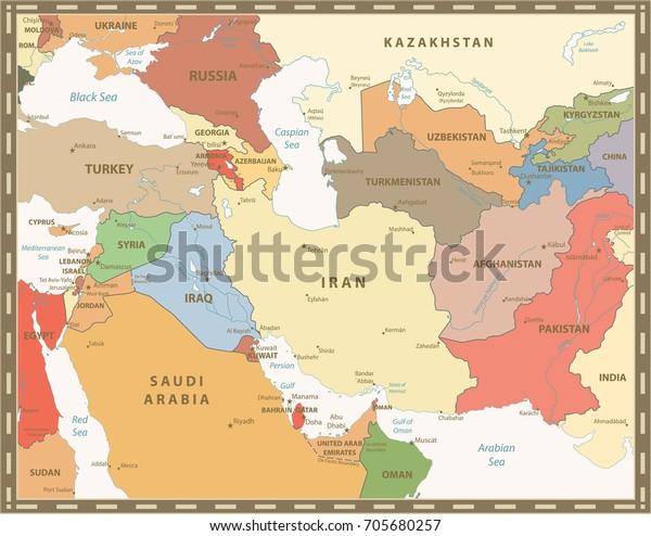 Southwest Asia Map Retro Color Detailed Stock Vector Royalty Free