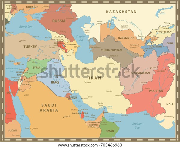 Southwest Asia Map Vintage Color Detailed Stock Vector (Royalty Free ...