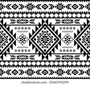 Southwest Aztec geometric Native American Mexican Navajo tribal ethnic seamless pattern fabric black and white design vector for textile printing