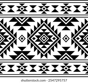 Southwest Aztec geometric Native American Mexican Navajo tribal ethnic seamless pattern fabric black and white design vector for textile printing