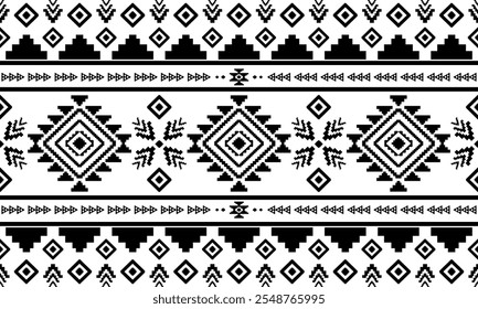 Southwest Aztec geometric Native American Mexican Navajo tribal ethnic seamless pattern fabric black and white design vector for textile printing