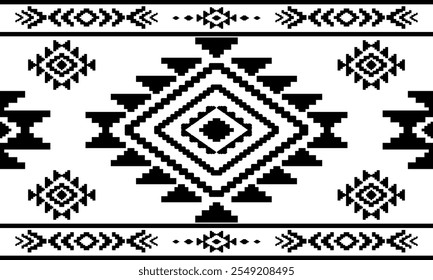 Southwest Aztec geometric Native American Mexican Navajo tribal ethnic seamless pattern fabric black and white design vector for textile printing