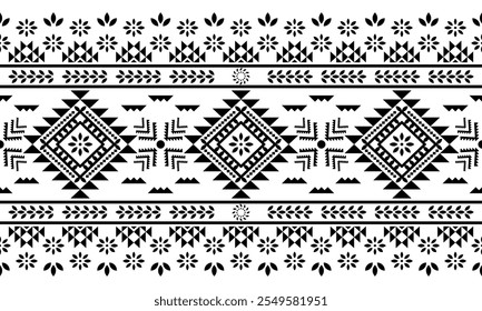 Southwest Aztec geometric Native American Mexican Navajo tribal ethnic seamless pattern fabric black and white design vector for textile printing