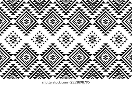 Southwest Aztec geometric Native American Mexican Navajo tribal ethnic seamless pattern fabric black and white design vector for textile printing