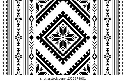 Southwest Aztec geometric Native American Mexican Navajo tribal ethnic seamless pattern fabric black and white design vector for textile printing