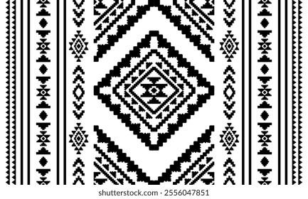 Southwest Aztec geometric Native American Mexican Navajo tribal ethnic boho indian texture ornament seamless pattern fabric black and white design vector for woven textile printing blanket rug carpet 