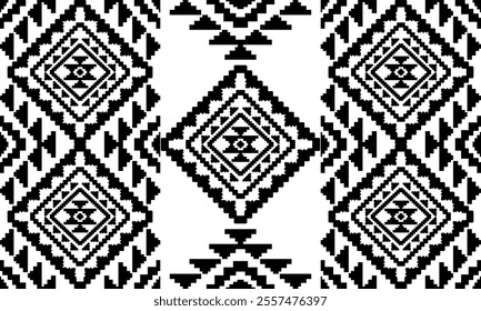 Southwest Aztec geometric Native American Mexican Navajo tribal ethnic boho indian texture ornament seamless pattern fabric black and white design vector for woven textile printing blanket rug carpet 