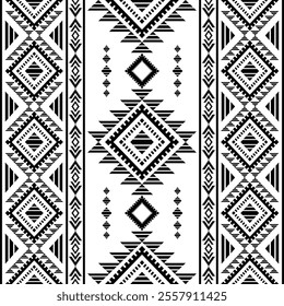 Southwest Aztec geometric Native American Mexican Navajo tribal ethnic boho indian texture ornament seamless pattern fabric black and white design vector for woven textile printing blanket rug carpet 