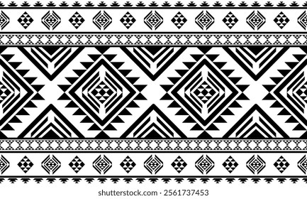 Southwest Aztec geometric Native American Mexican Navajo tribal ethnic boho indian texture ornament seamless pattern fabric black and white design vector for woven textile printing blanket rug carpet 