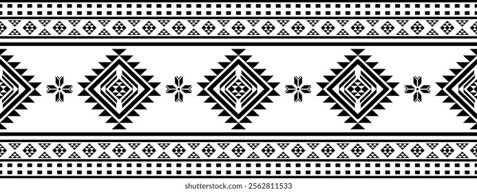 Southwest Aztec geometric Native American Mexican Navajo tribal ethnic boho indian texture ornament seamless pattern fabric black and white design vector for woven textile printing blanket rug carpet 